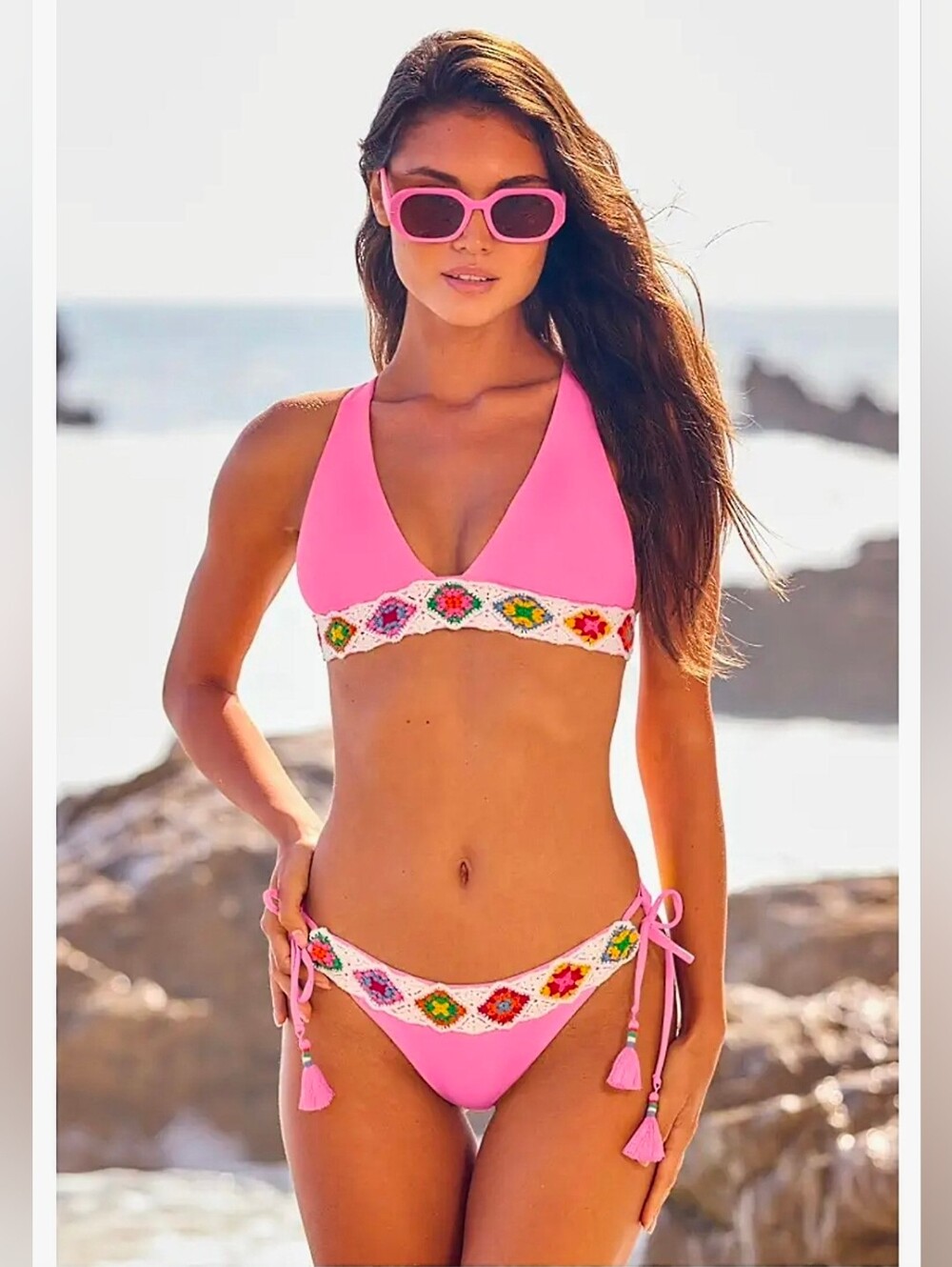 ISABELLA ROSE Bikini SET 1969 Hippie Halter Top Maui Bottom Pink Crochet Size M